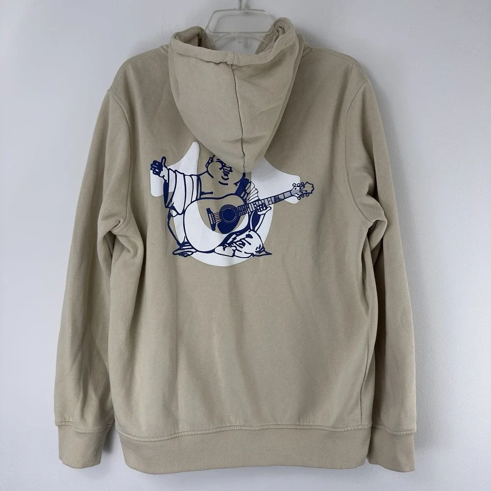 True Religion Men's Buddha Zip Hoodie Beige Full Zip L Graphic Fleece Lined‎